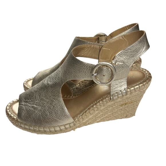 Marc Fisher Sakae Leather Wedge Slingback Espadrille Sandals Soft Gold Size 9W - Picture 2 of 9